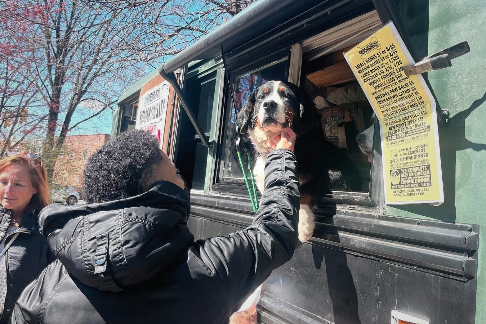 A dog greets a festivalgoer from the window of a pet treat vendor truck at the Port Richmond 179th Anniversary Festival at Campbell Square Park in Philadelphia.