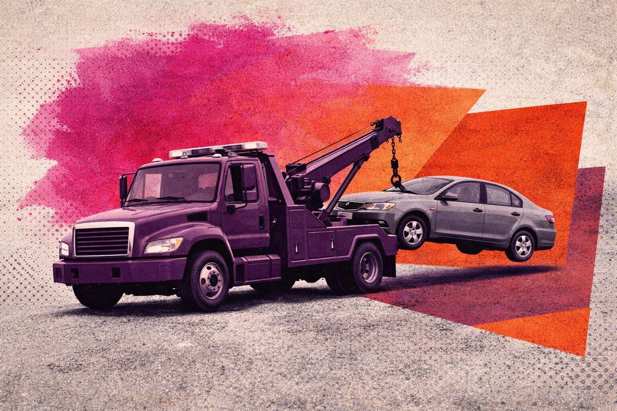 Tow truck removing an abandoned vehicle from a Philadelphia street, editorial collage illustration in plum and magenta pink with burnt orange geometric shapes on a concrete texture background